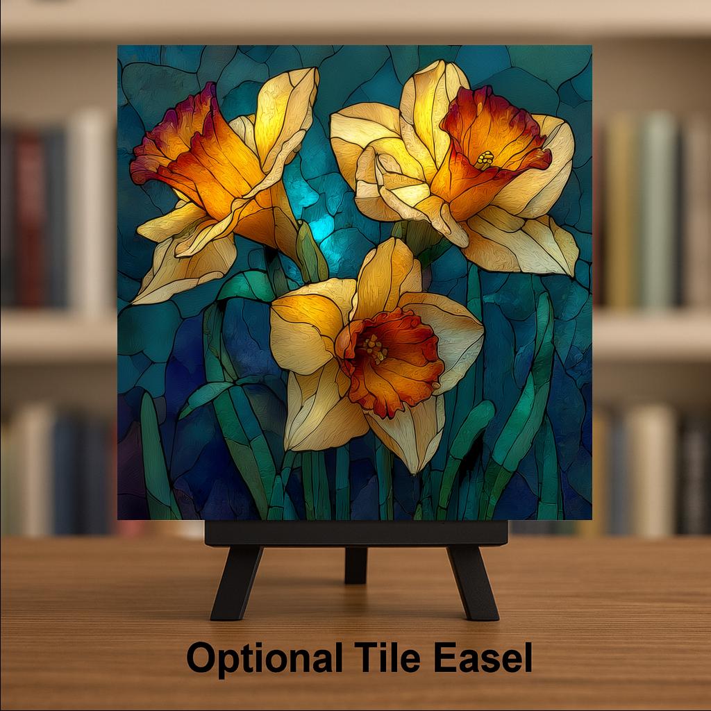 Daffodil Ceramic Tile Wall Art Stained Glass Style March Birth Flower Yellow Spring Blooms Botanical Decor