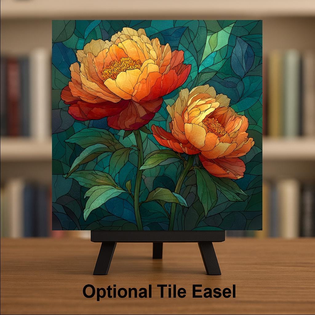 Peony Wall Art Ceramic Tile Stained Glass Style Floral Gift Botanical Decor Garden Lover Nature Art Gift