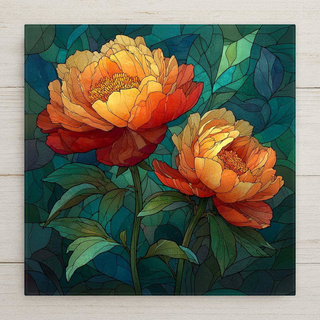 Peony ceramic tile wall art in stained glass style showing full ruffled peony blooms in jewel tones of blush rose and coral with luminous lead line segmentation against deep green foliage