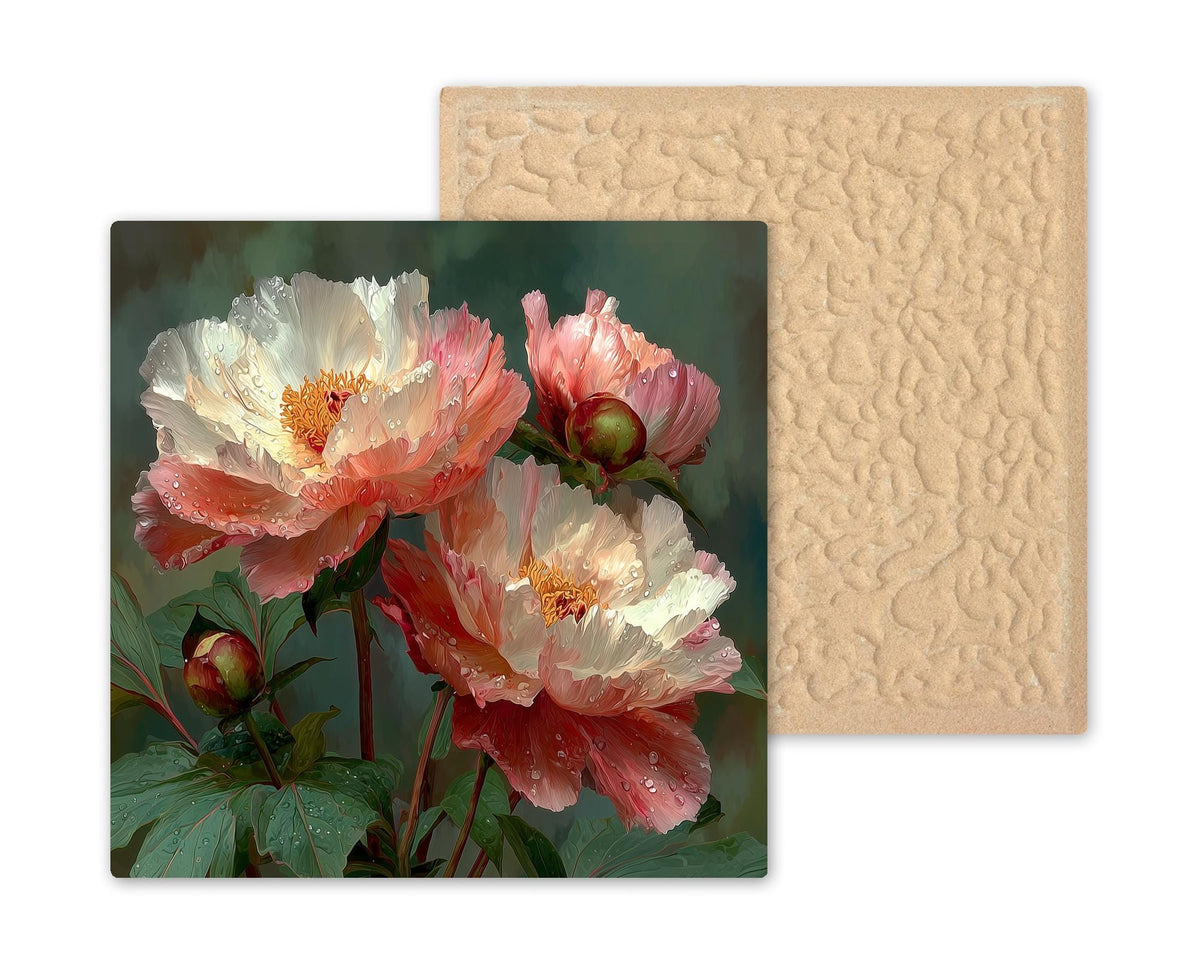 Peony Ceramic Tile Wall Art June Birth Flower Pink Cottage Garden Blooms Botanical Floral Nature Decor