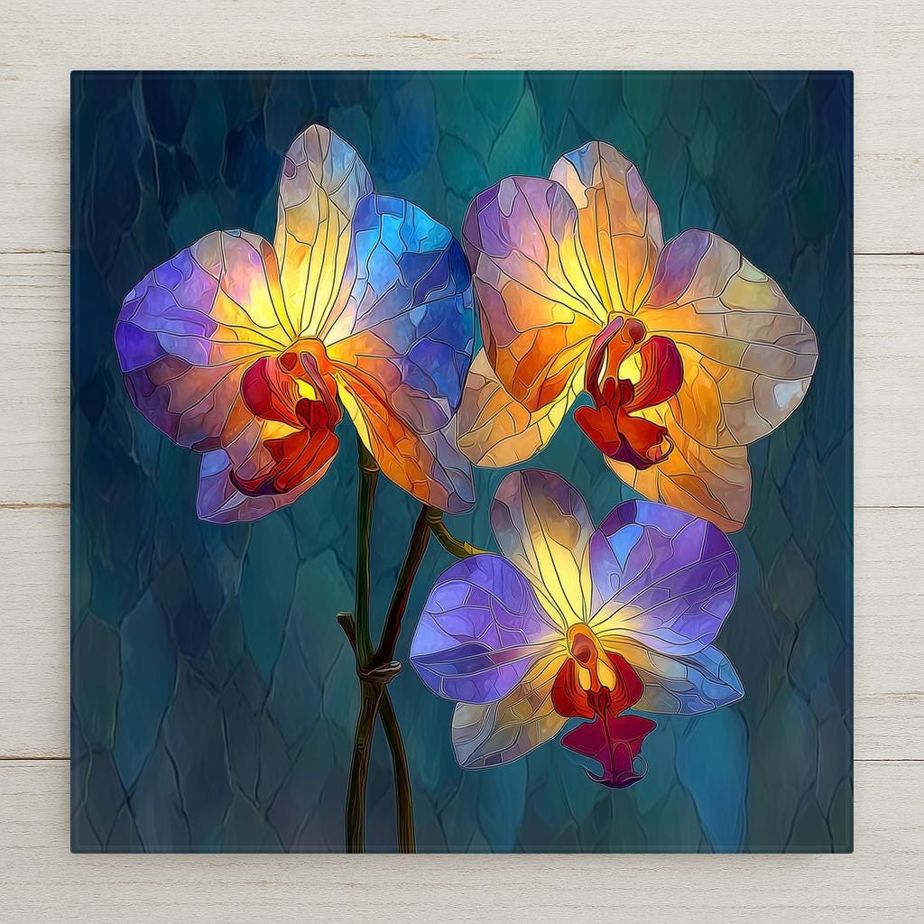 Orchid ceramic tile wall art in stained glass style showing elegant phalaenopsis orchid blooms in jewel tones of lavender white and gold with luminous lead line segmentation