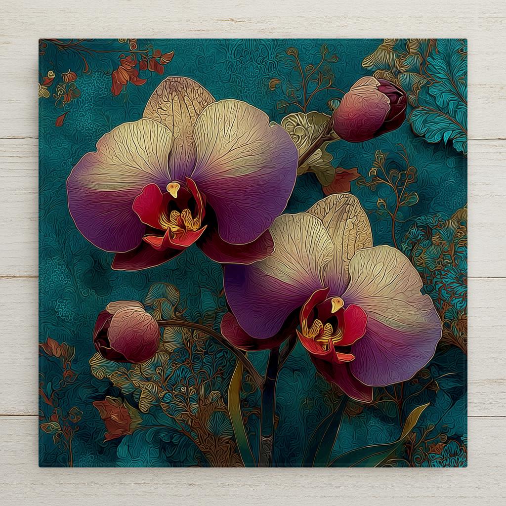 Orchid ceramic tile wall art in Art Nouveau style showing ornate flowing botanical design with elegant orchid blooms and curving stems in lavender and gold on deep emerald
