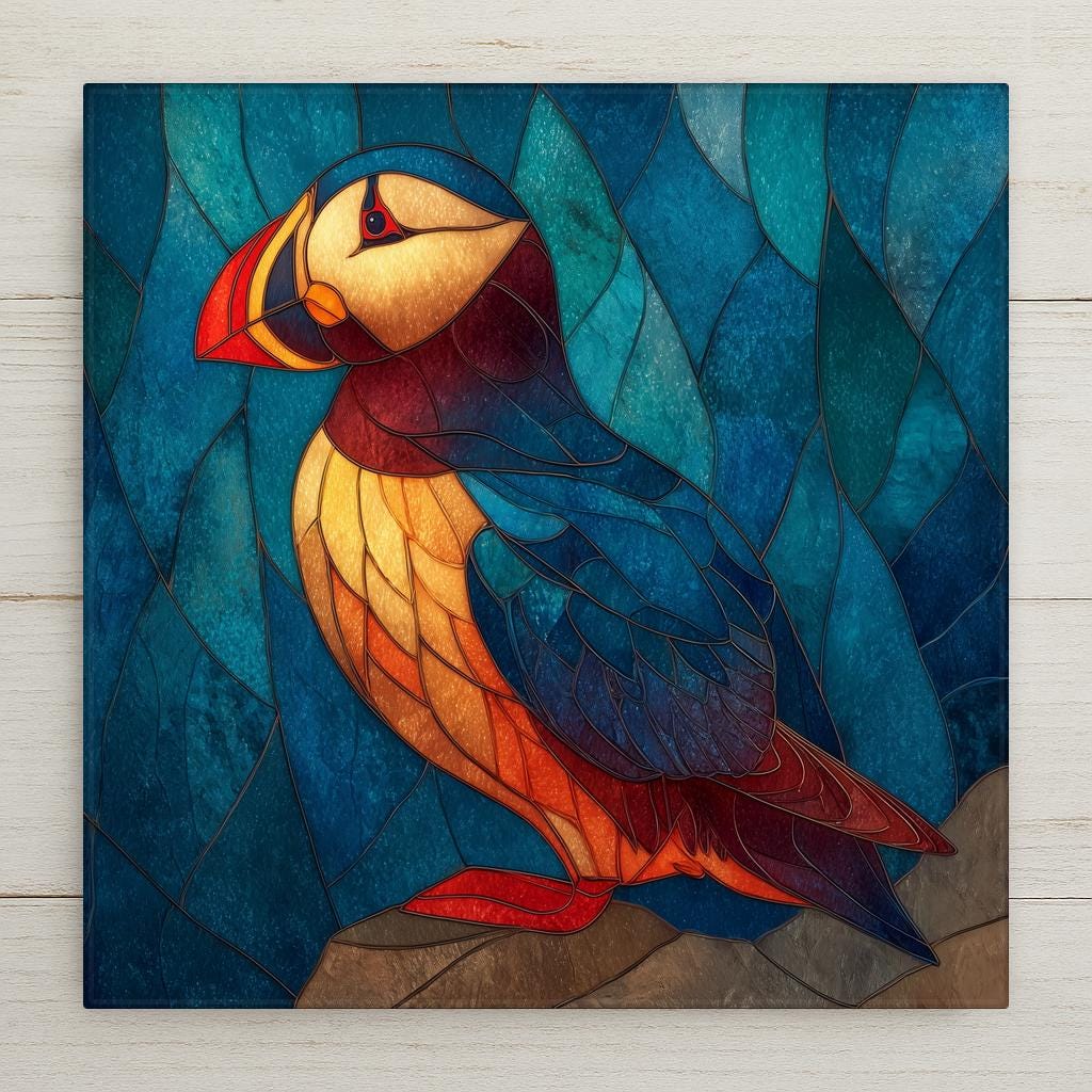 Atlantic puffin ceramic tile wall art in stained glass style showing vivid puffin with jewel tones of orange gold black and white with luminous lead line segmentation against coastal blue