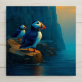 Atlantic puffin ceramic tile wall art showing puffin colony on dramatic Icelandic coastal cliffs with volcanic rock and Arctic ocean in background in rich cool tones