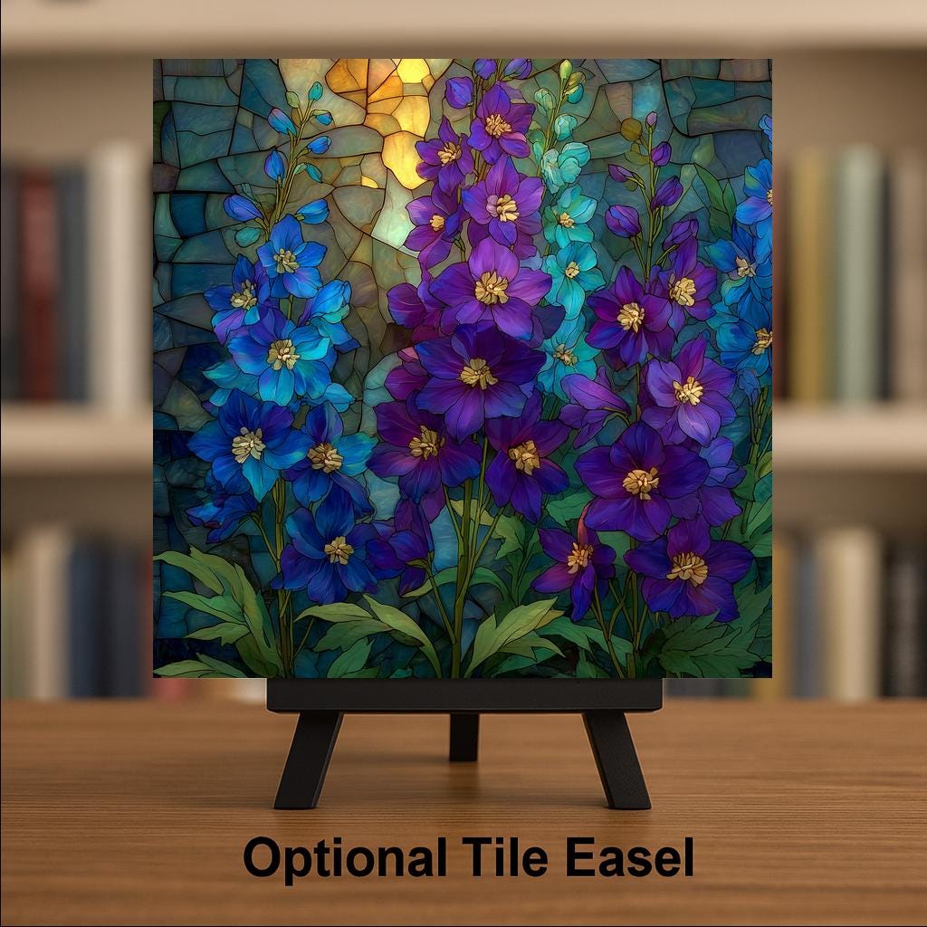 Larkspur Wall Art Ceramic Tile July Birthday Gift Birth Month Flower Stained Glass Style Botanical Summer Art