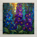 Larkspur ceramic tile wall art in stained glass style showing tall spires of larkspur blooms in jewel tones of deep blue purple and violet with luminous lead line segmentation