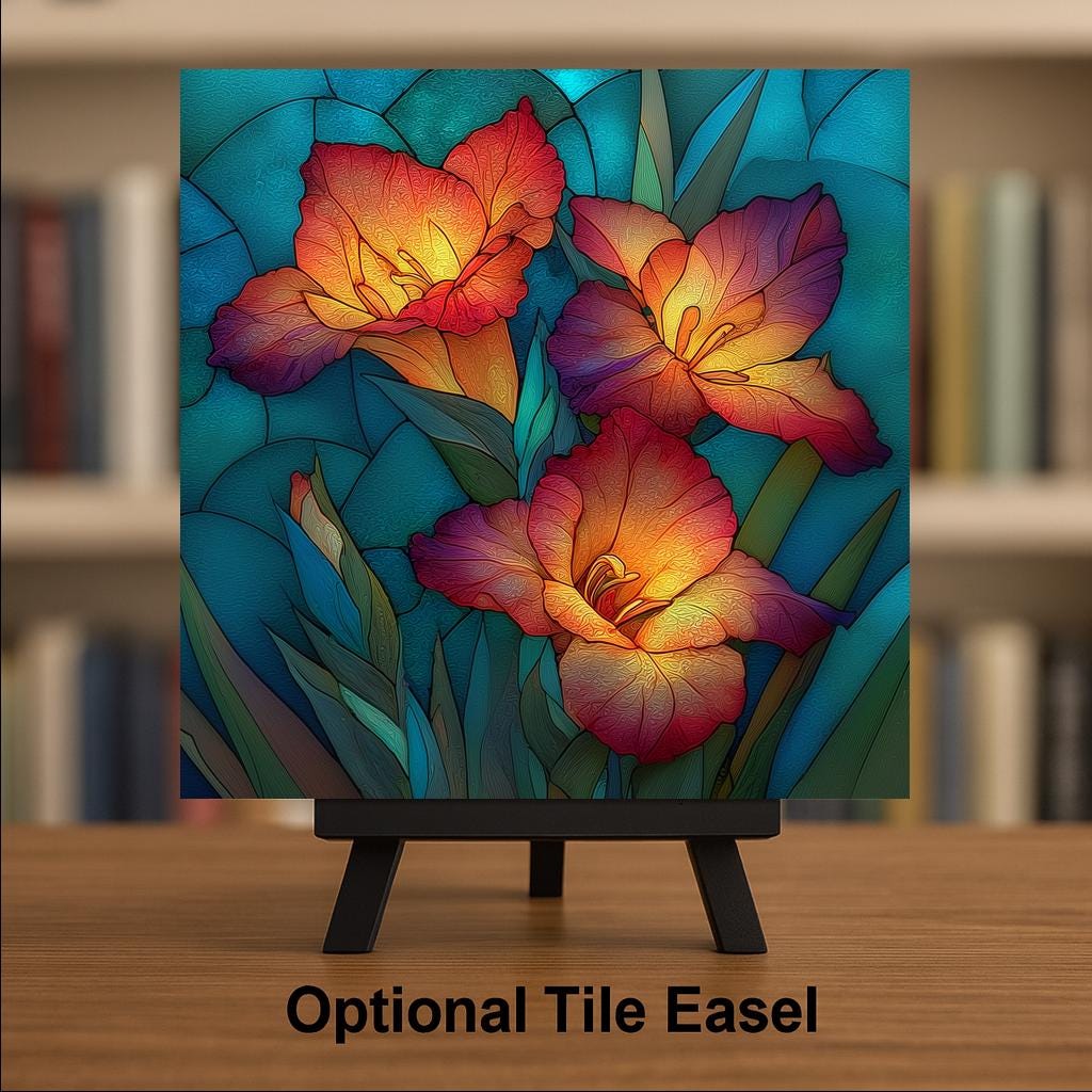 Gladiolus Ceramic Tile Wall Art Stained Glass Style August Birth Flower Coral Spikes Summer Botanical Decor