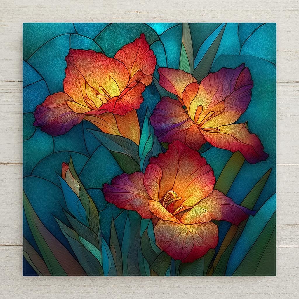 Gladiolus ceramic tile wall art in stained glass style showing tall gladiolus spike with layered blooms in jewel tones of coral rose and gold with luminous lead line segmentation