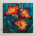 Gladiolus ceramic tile wall art in stained glass style showing tall gladiolus spike with layered blooms in jewel tones of coral rose and gold with luminous lead line segmentation