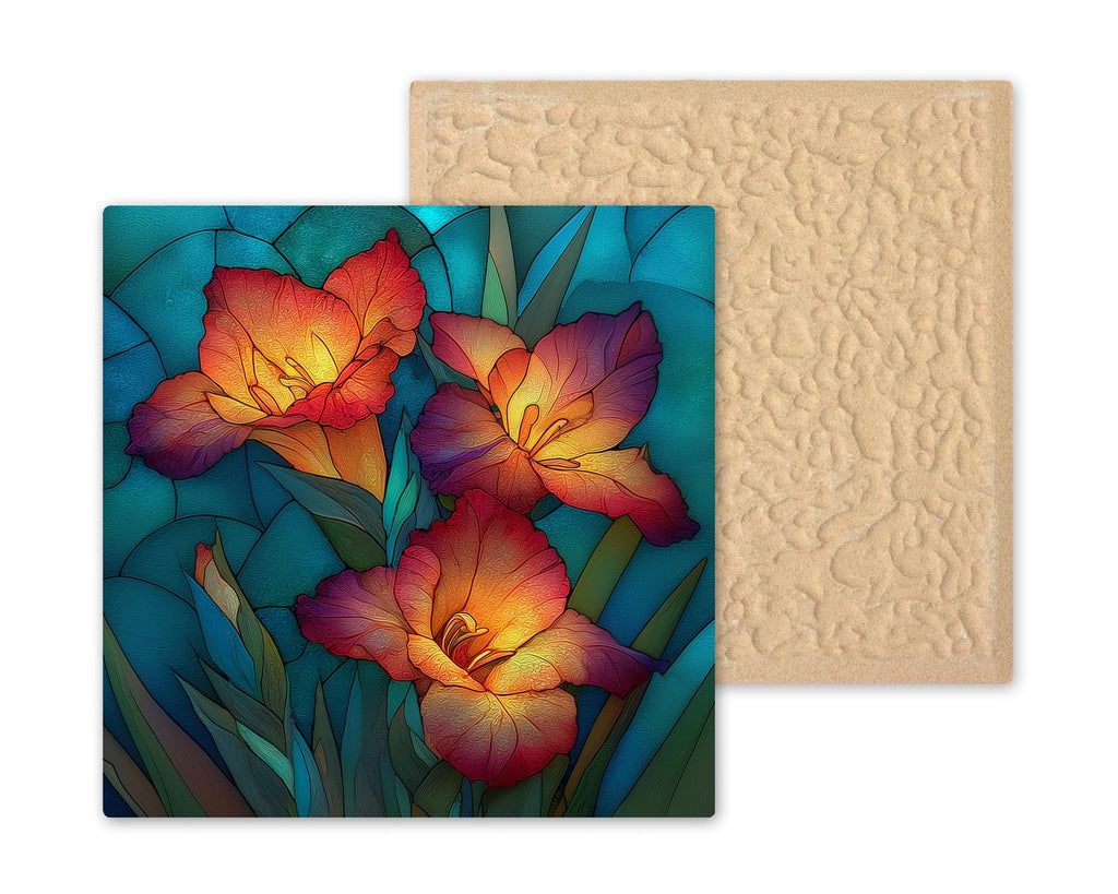 Gladiolus Ceramic Tile Wall Art Stained Glass Style August Birth Flower Coral Spikes Summer Botanical Decor