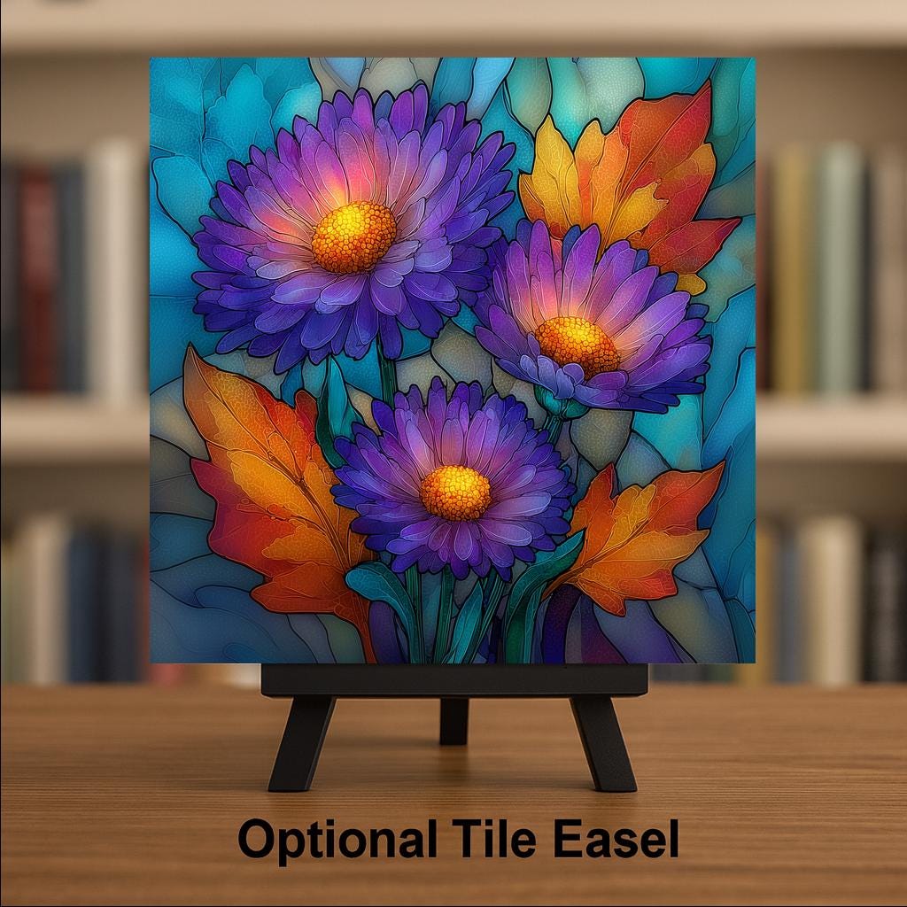 Aster Ceramic Tile Wall Art Stained Glass Style September Birth Flower Purple Autumn Blooms Botanical Decor