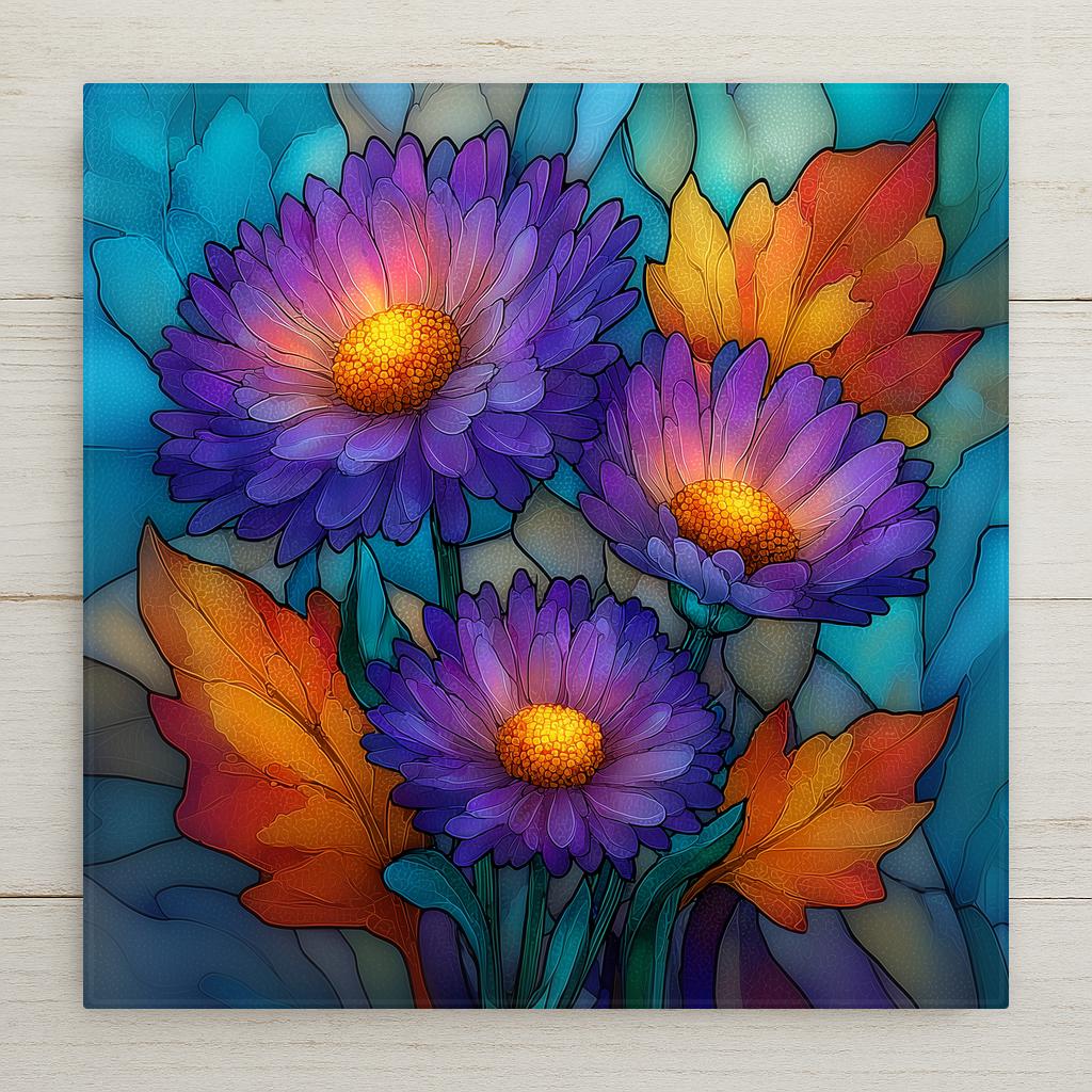 Aster ceramic tile wall art in stained glass style showing daisy-like aster blooms in jewel tones of purple lavender and gold with luminous lead line segmentation against autumn foliage