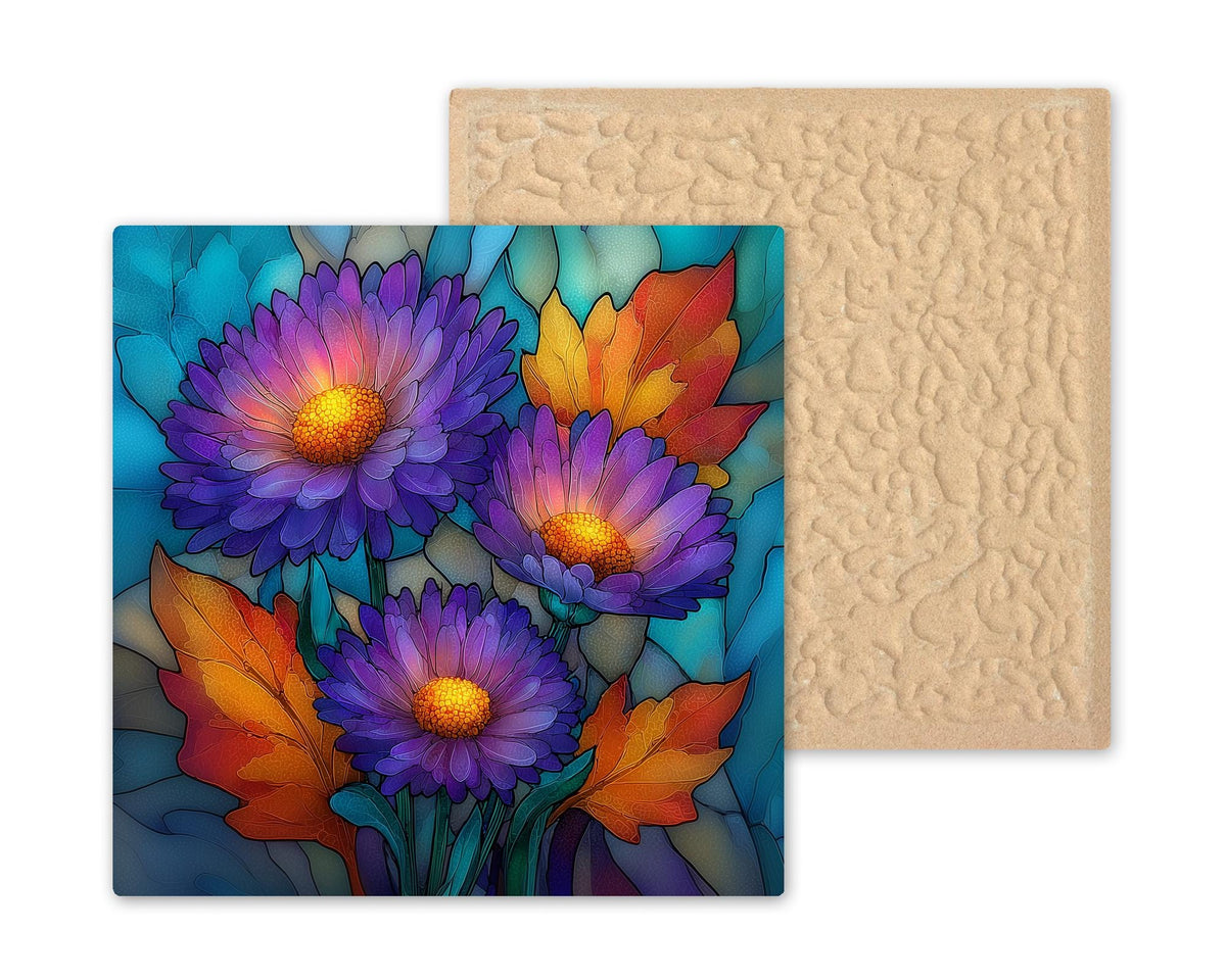 Aster Ceramic Tile Wall Art Stained Glass Style September Birth Flower Purple Autumn Blooms Botanical Decor
