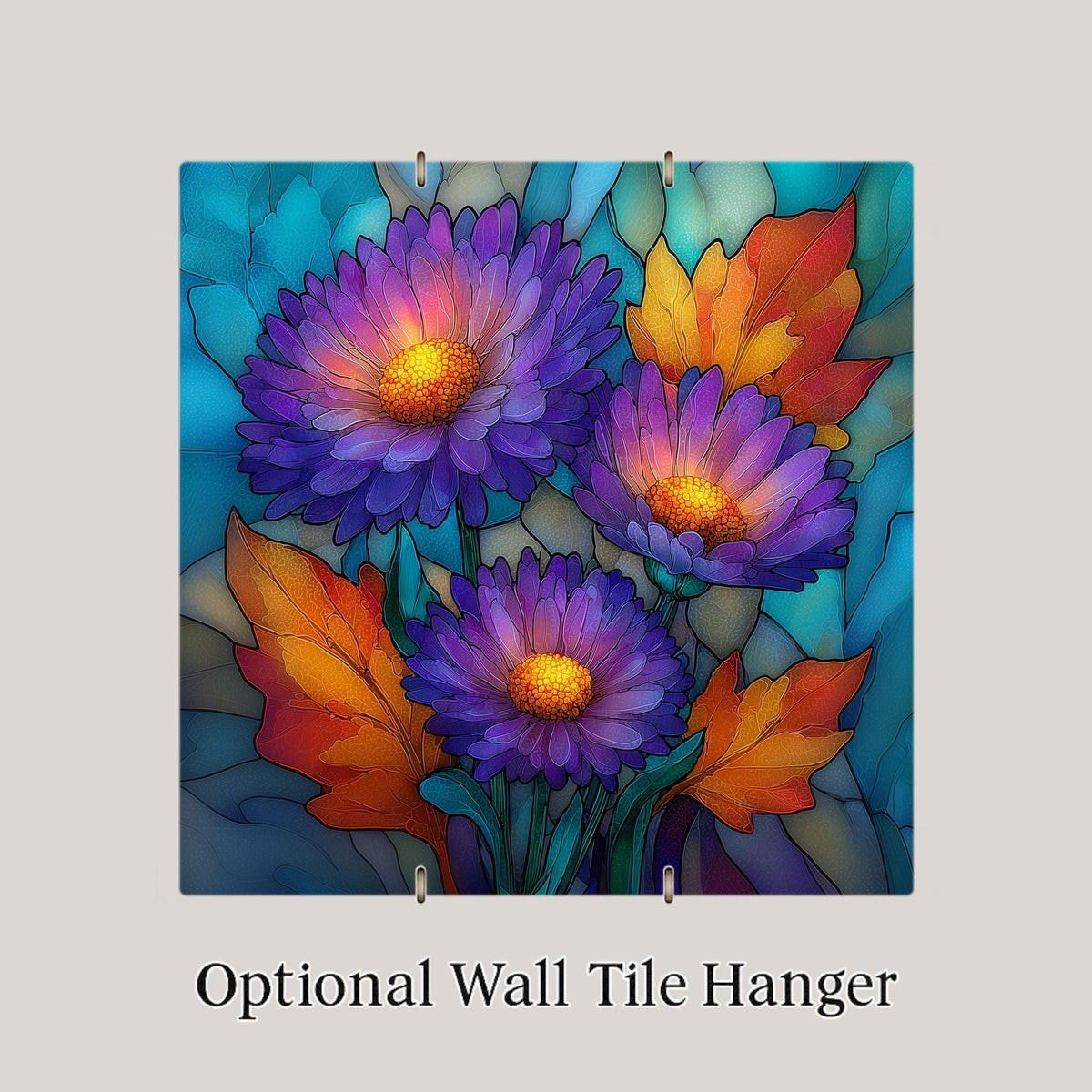 Aster Ceramic Tile Wall Art Stained Glass Style September Birth Flower Purple Autumn Blooms Botanical Decor