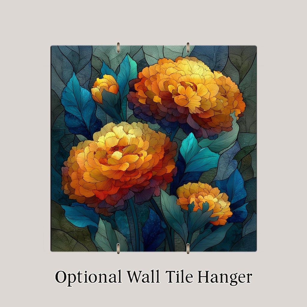 Marigold Ceramic Tile Wall Art Stained Glass Style October Birth Flower Golden Autumn Blooms Botanical Decor