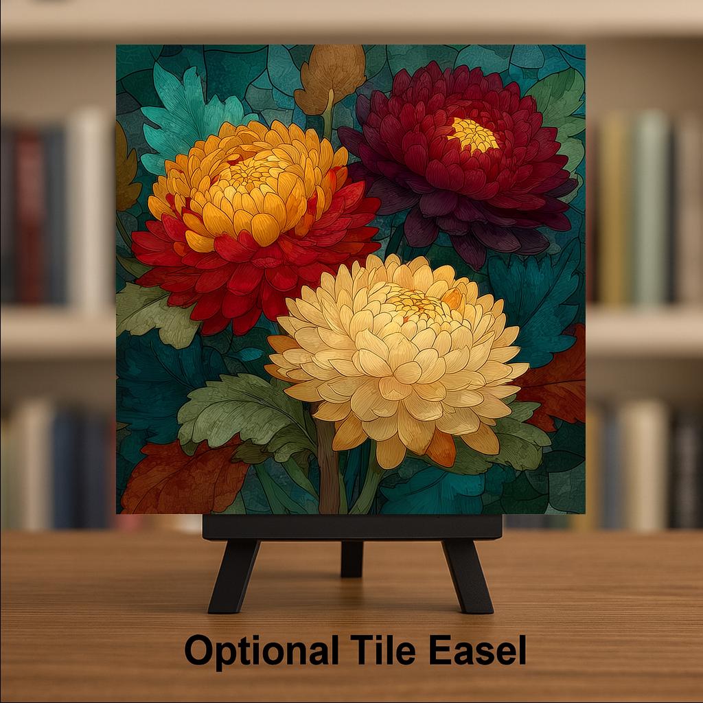 Chrysanthemum Ceramic Tile Wall Art Stained Glass Style November Birth Flower Bronze Autumn Blooms Botanical Decor
