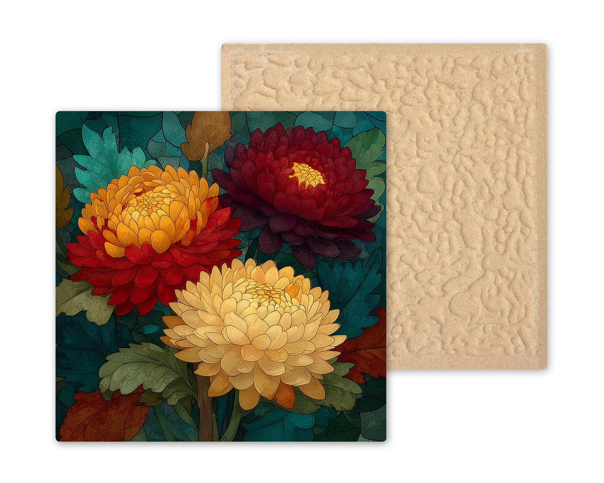 Chrysanthemum Ceramic Tile Wall Art Stained Glass Style November Birth Flower Bronze Autumn Blooms Botanical Decor
