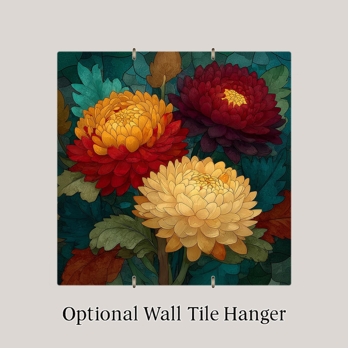 Chrysanthemum Ceramic Tile Wall Art Stained Glass Style November Birth Flower Bronze Autumn Blooms Botanical Decor