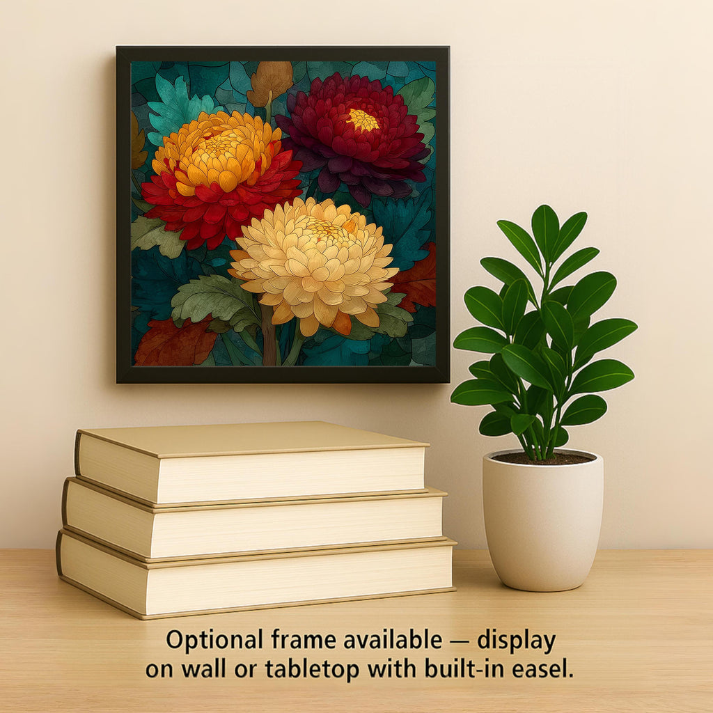 Chrysanthemum Ceramic Tile Wall Art Stained Glass Style November Birth Flower Bronze Autumn Blooms Botanical Decor