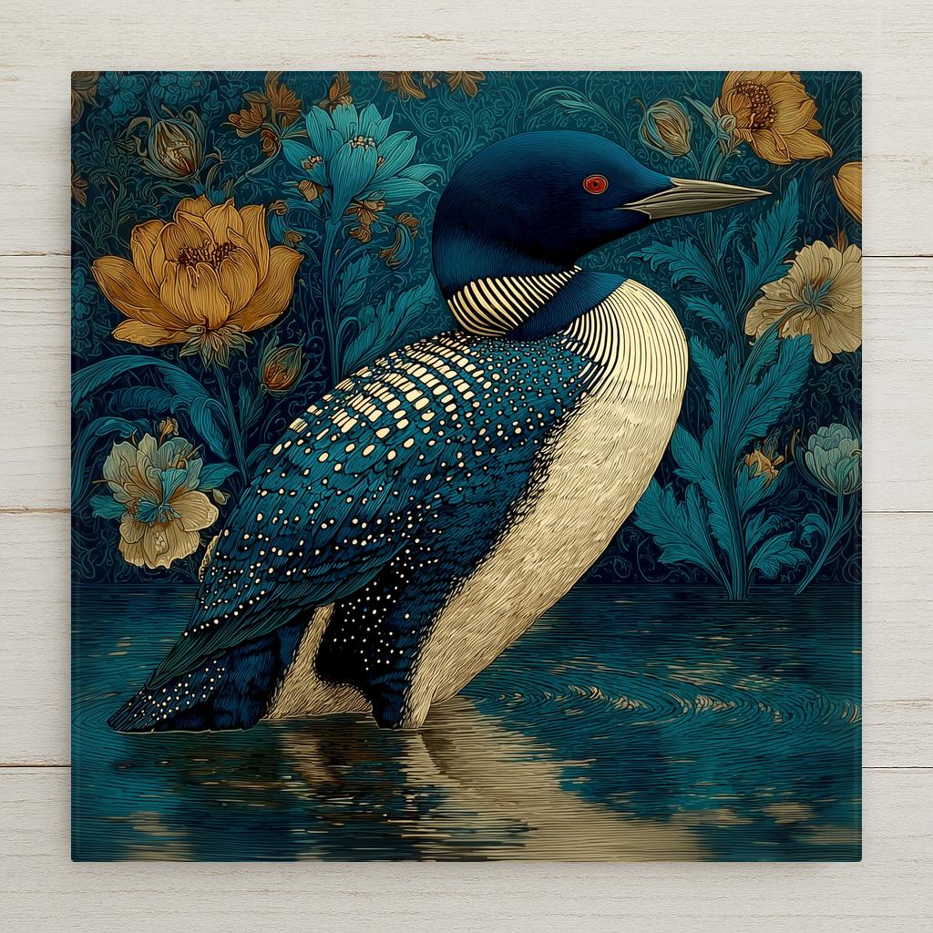 Common loon ceramic tile wall art in Art Nouveau style showing elegant loon with ornate flowing botanical design and lake reflections in deep blue green and black palette