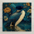 Common loon ceramic tile wall art in Art Nouveau style showing elegant loon with ornate flowing botanical design and lake reflections in deep blue green and black palette