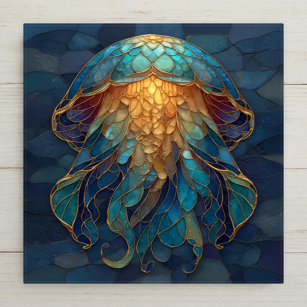 Stained glass style ceramic tile depicting a moon jellyfish with a translucent teal and aqua bell trailing luminous tendrils through deep midnight water, jewel-toned and ethereal.