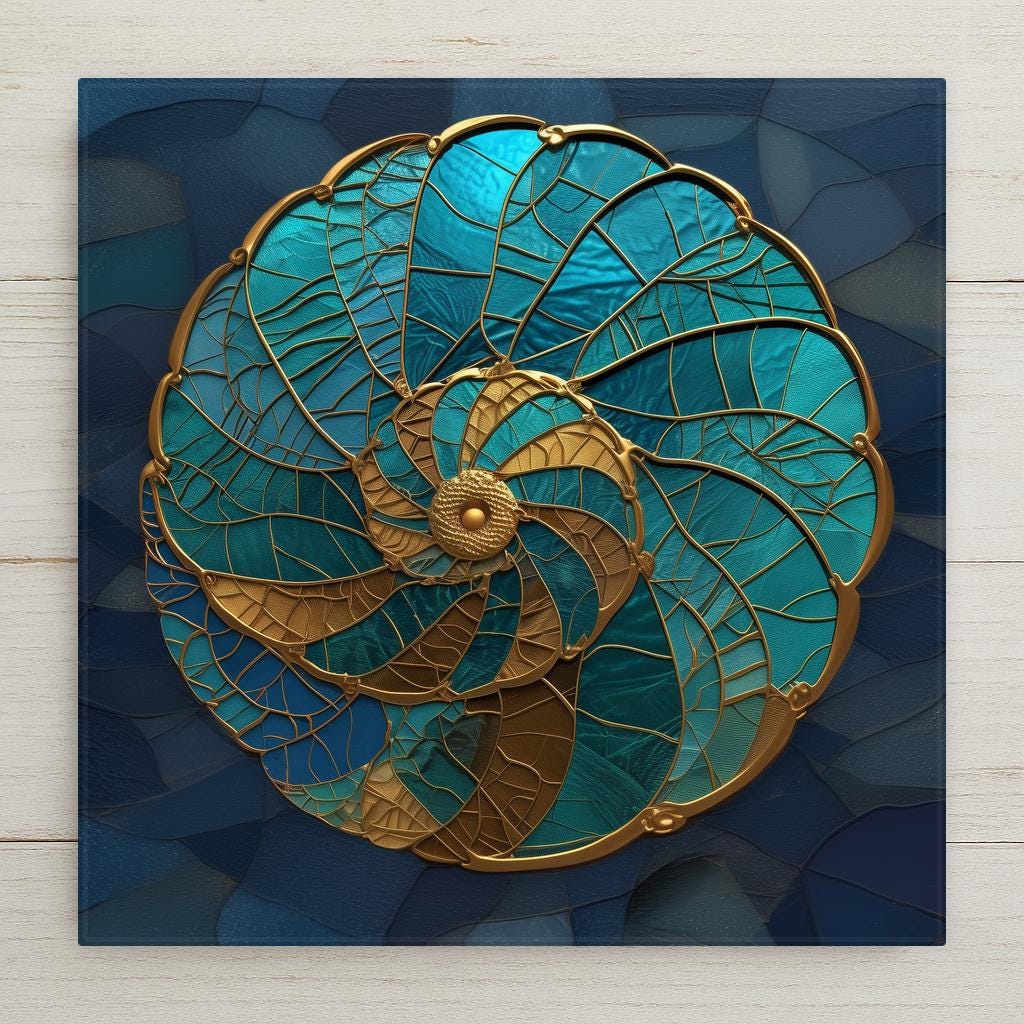 Stained glass style ceramic tile of a nautilus shell cross-section in teal and gold, the logarithmic spiral rendered with geometric leading lines glowing against a deep ocean background.