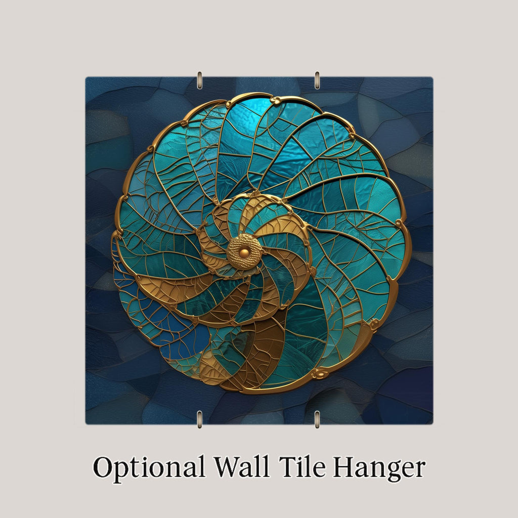 Nautilus Shell Wall Art Ceramic Tile Sacred Geometry Gift Teal Gold Ocean Decor Coastal Art Nature Lover Tile