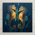 Stained glass style ceramic tile featuring two seahorses among flowing seagrass and coral in jewel teal and turquoise, with warm amber accents glowing against a deep ocean background.