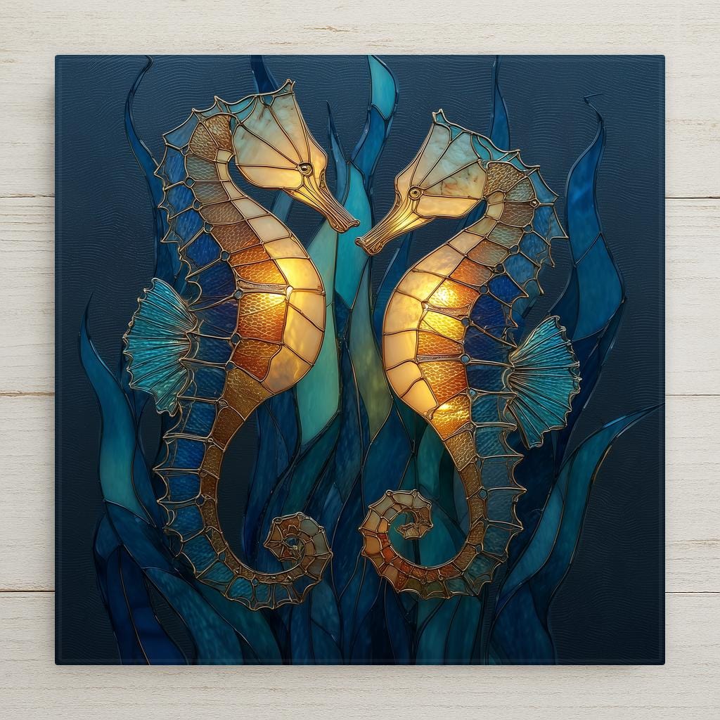 Stained glass style ceramic tile featuring two seahorses among flowing seagrass and coral in jewel teal and turquoise, with warm amber accents glowing against a deep ocean background.