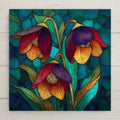 Stained glass style ceramic tile depicting deep plum and burgundy hellebore blossoms with bowed heads and dark green leaves, glowing with atmospheric moody light against a shadowed near-black background.