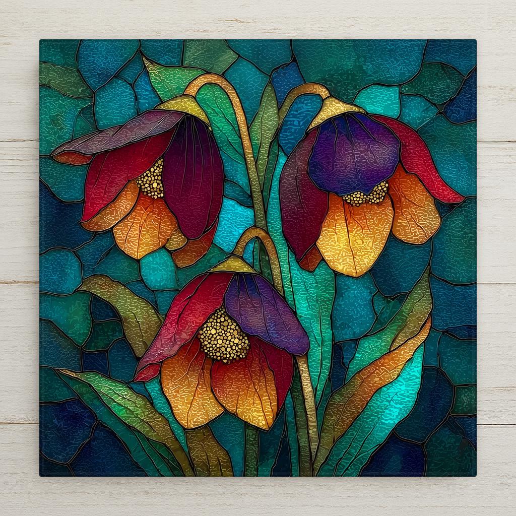 Stained glass style ceramic tile depicting deep plum and burgundy hellebore blossoms with bowed heads and dark green leaves, glowing with atmospheric moody light against a shadowed near-black background.
