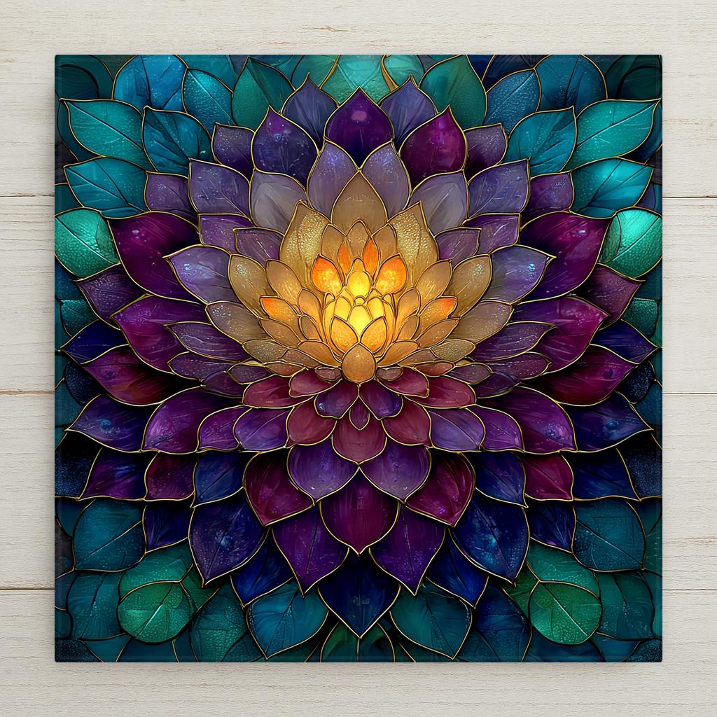 Stained glass style ceramic tile of a deep purple and midnight dahlia bloom with dozens of layered geometric petals radiating from a luminous center, jewel-toned against a near-black background.