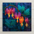 Stained glass style ceramic tile of bleeding heart flowers — arching stems of deep rose and shadow-pink heart-shaped blooms dangling like pendants against dark forest green foliage and a deep twilight background.