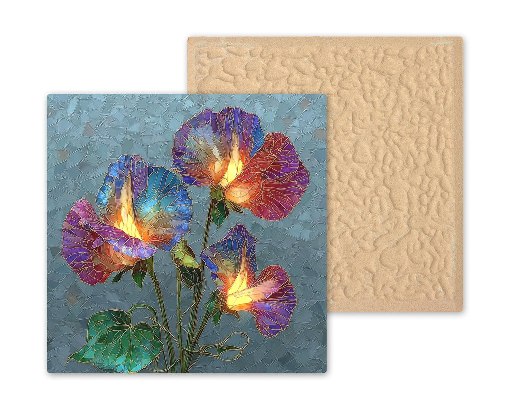 Sweet Pea Ceramic Art Tile – Stained Glass Style, Cottage Garden Floral Art, Lavender Pink Vine, English Garden Gift