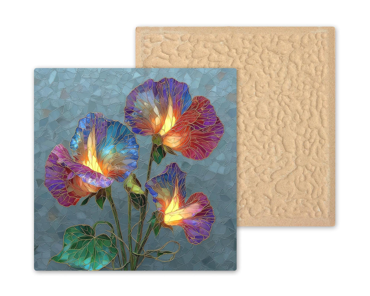 Sweet Pea Ceramic Art Tile – Stained Glass Style, Cottage Garden Floral Art, Lavender Pink Vine, English Garden Gift