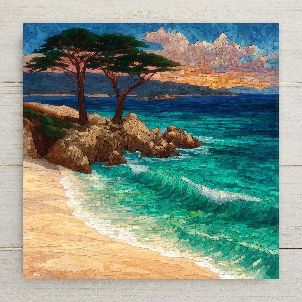 Stained glass style Carmel-by-the-Sea ceramic tile depicting Monterey cypress trees leaning over a white sand crescent beach at low tide, the Pacific glowing blue-green with Pebble Beach curving in the distance, rendered in jewel-tone ocean blues, seafoam greens, and warm sand golds.