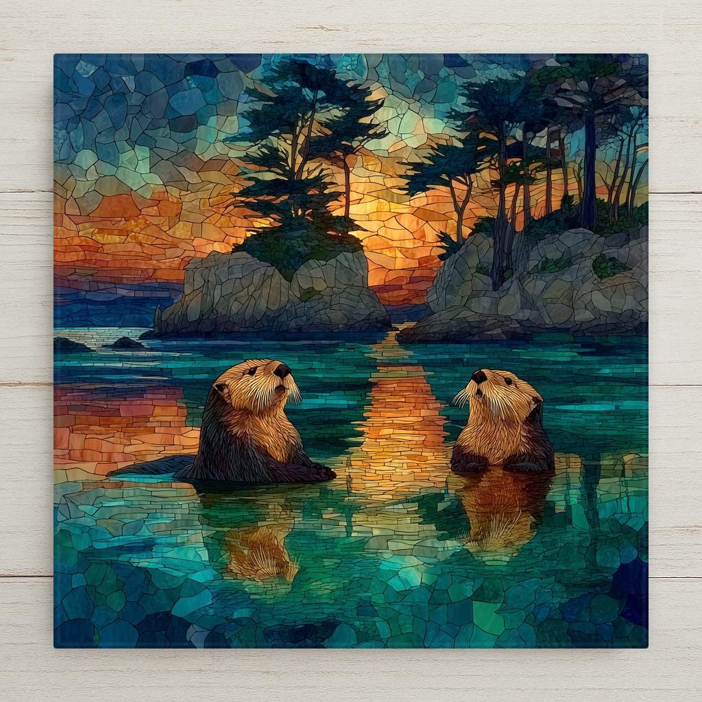 Stained glass style Monterey Bay ceramic tile depicting sea otters floating on a kelp forest canopy with Monterey coastline cypress trees silhouetted in the distance, rendered in jewel-tone deep ocean blues, teals, and luminous seafoam greens.