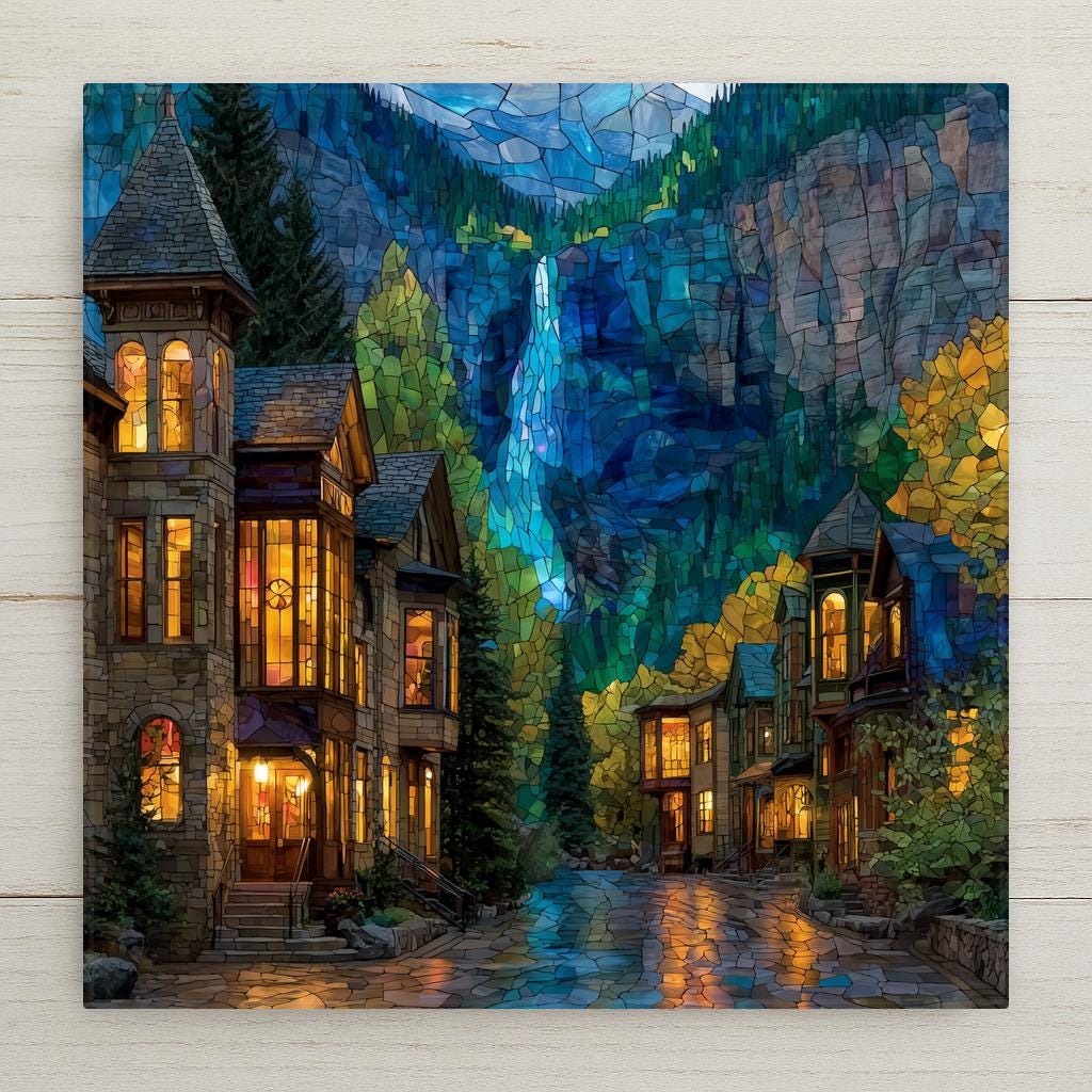 Stained glass style Telluride ceramic tile depicting the historic Victorian town nestled in a dramatic San Juan box canyon with Bridal Veil Falls cascading down the sheer eastern cliff face, rendered in jewel-tone cobalt blues, mountain greens, and warm autumn golds.