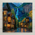 Stained glass style Telluride ceramic tile depicting the historic Victorian town nestled in a dramatic San Juan box canyon with Bridal Veil Falls cascading down the sheer eastern cliff face, rendered in jewel-tone cobalt blues, mountain greens, and warm autumn golds.