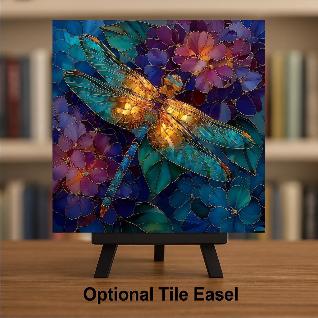Dragonfly Hydrangea Wall Art Ceramic Tile Stained Glass Style Memorial Sympathy Gift Botanical Nature Decor