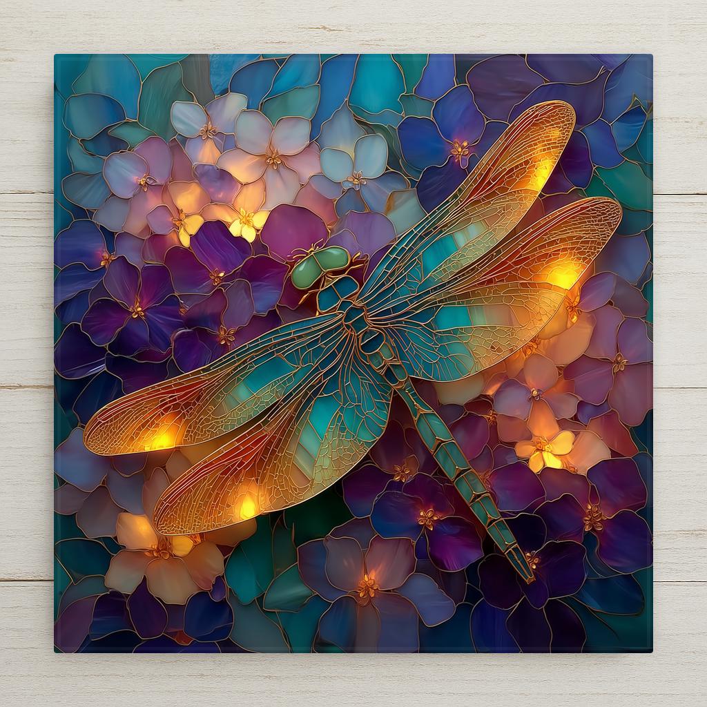 Stained glass style ceramic tile of a teal and amber dragonfly with detailed wing venation centered on rich purple and pink-blue hydrangea mophead blooms, rendered in layered jewel-tone lavenders, cobalts, and blush with gold leaded outlines.