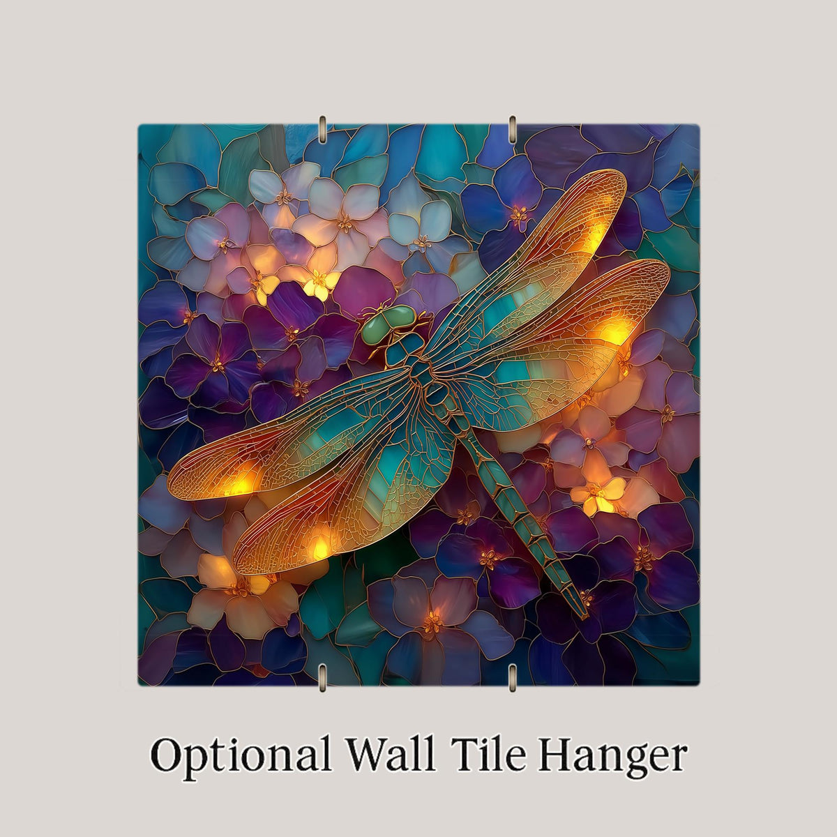 Dragonfly Hydrangea Ceramic Art Tile – Stained Glass Style, Purple Floral Botanical, Dragonfly Lover, Garden Art