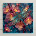 Stained glass style ceramic tile of a teal and blue dragonfly with gold-outlined wings resting on hot pink and blush cherry blossom blooms, with a deep teal background and scattered orange accent petals, rendered in vivid jewel-tone pinks and blues.