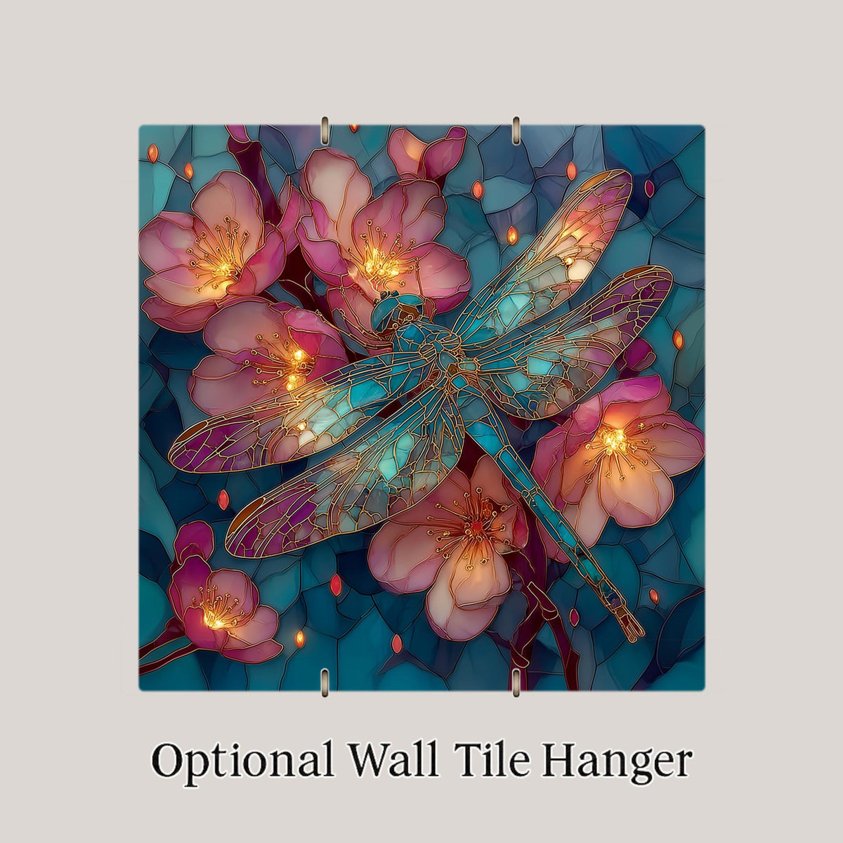 Dragonfly Cherry Blossom Wall Art Ceramic Tile Stained Glass Style Japanese Art Sakura Spring Gift Decor