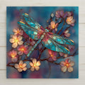 Stained glass style ceramic tile of a soft blue and teal dragonfly resting on pale blush and ivory cherry blossom branches against a dreamy diffuse blue-purple background, with warm amber glowing petal centers and delicate copper-gold leaded lines.
