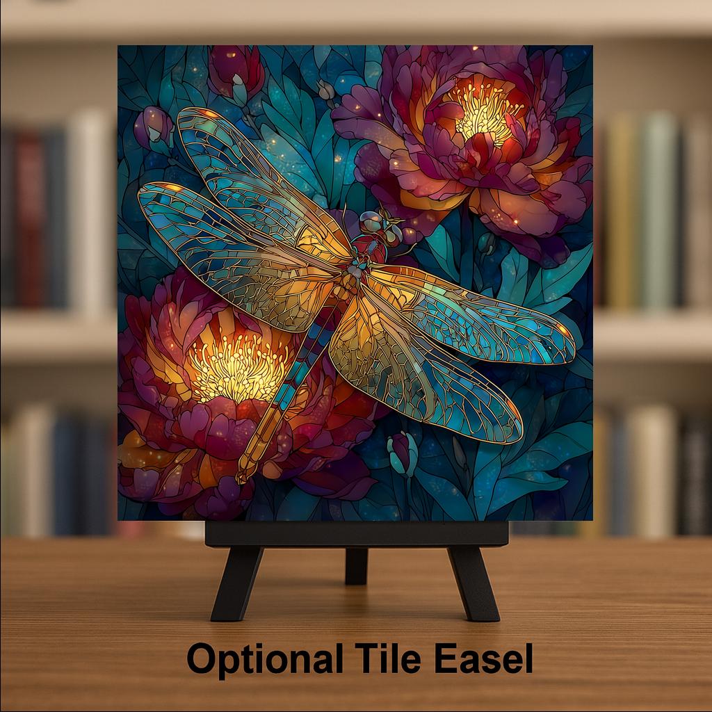 Dragonfly Peony Wall Art Ceramic Tile Stained Glass Style Memorial Sympathy Gift Nature Dragonfly DecorArt