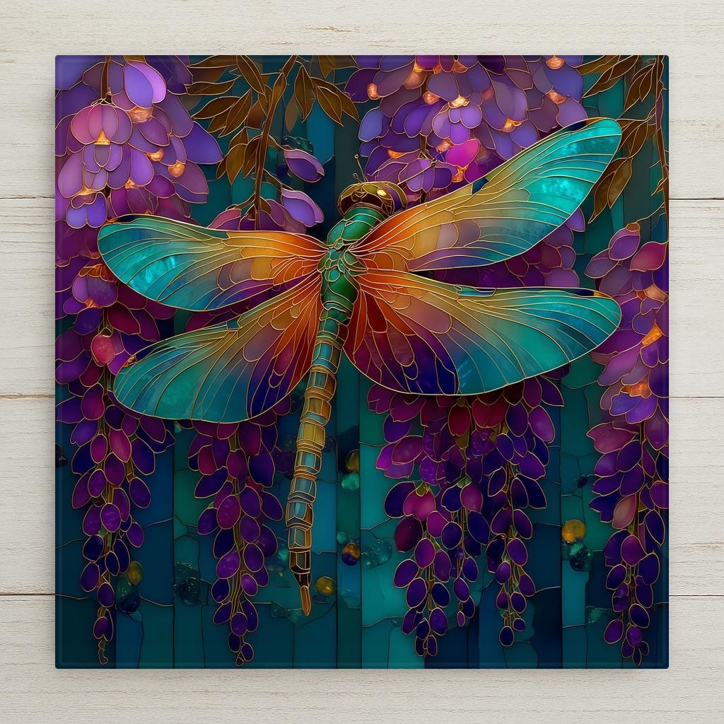Stained glass style ceramic tile of a large teal and amber dragonfly with gold-outlined wings against cascading purple and violet wisteria racemes hanging from golden-brown leaded branches, rendered against a deep teal background in rich jewel-tone purples and cobalt with luminous copper-gold lines.