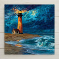 Stained glass style Outer Banks ceramic tile depicting the Cape Hatteras Lighthouse rising above wild barrier island dunes and sea grass, with a dramatic Atlantic sky and turquoise surf, rendered in jewel-tone blues, teal, and warm amber sand tones.