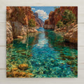Stained glass style Lake Powell ceramic tile depicting turquoise-blue reservoir water winding through towering red sandstone canyon walls, with a clear desert sky reflected in the glassy surface, rendered in jewel-tone turquoise, warm canyon reds, and cobalt.
